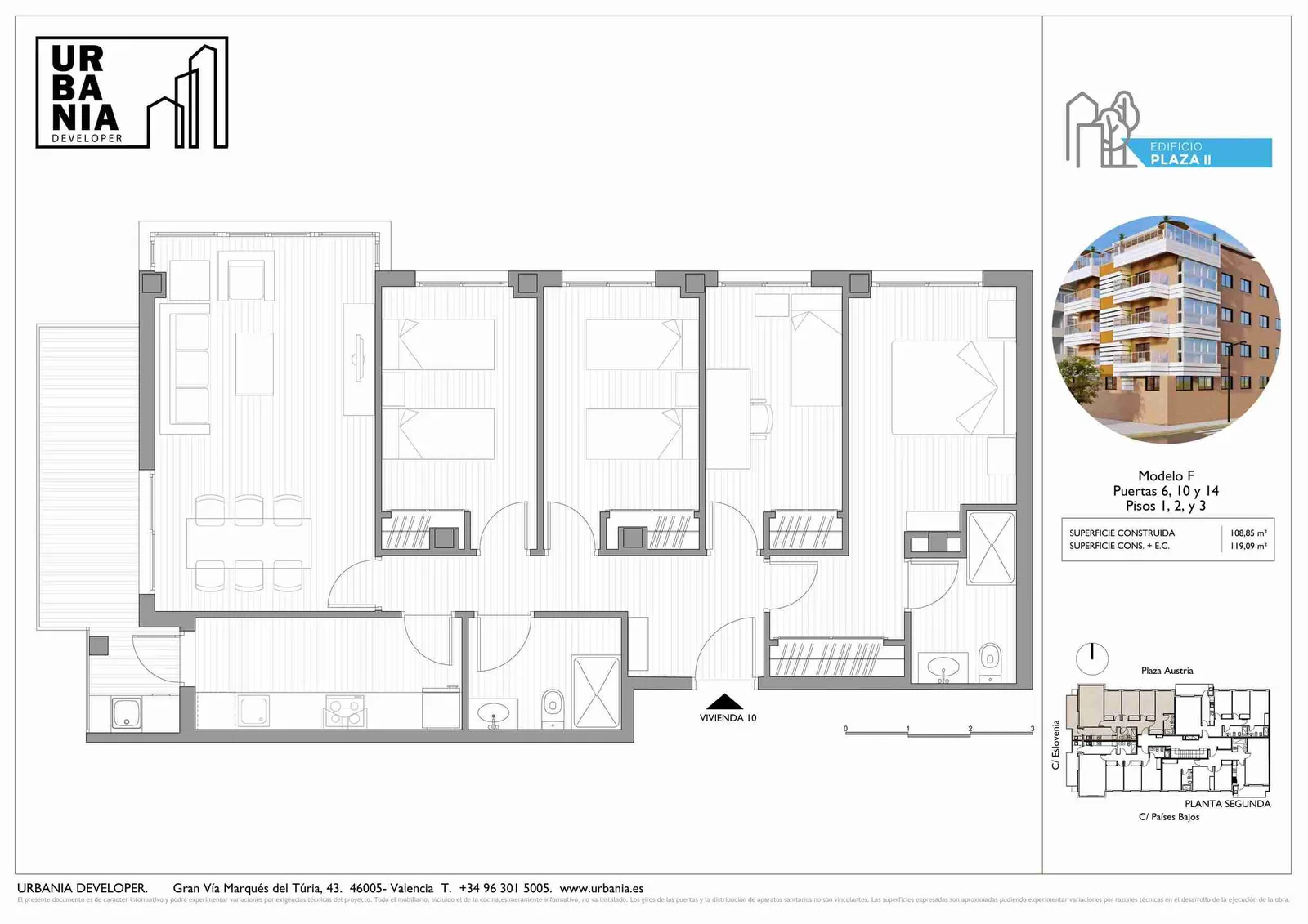 Plano de Piso F · garaje incluido, Edificio Plaza II